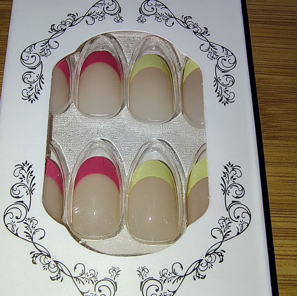 3/$15 Press on Nails Neon Pink Yellow French Tip Retro 80s 90s